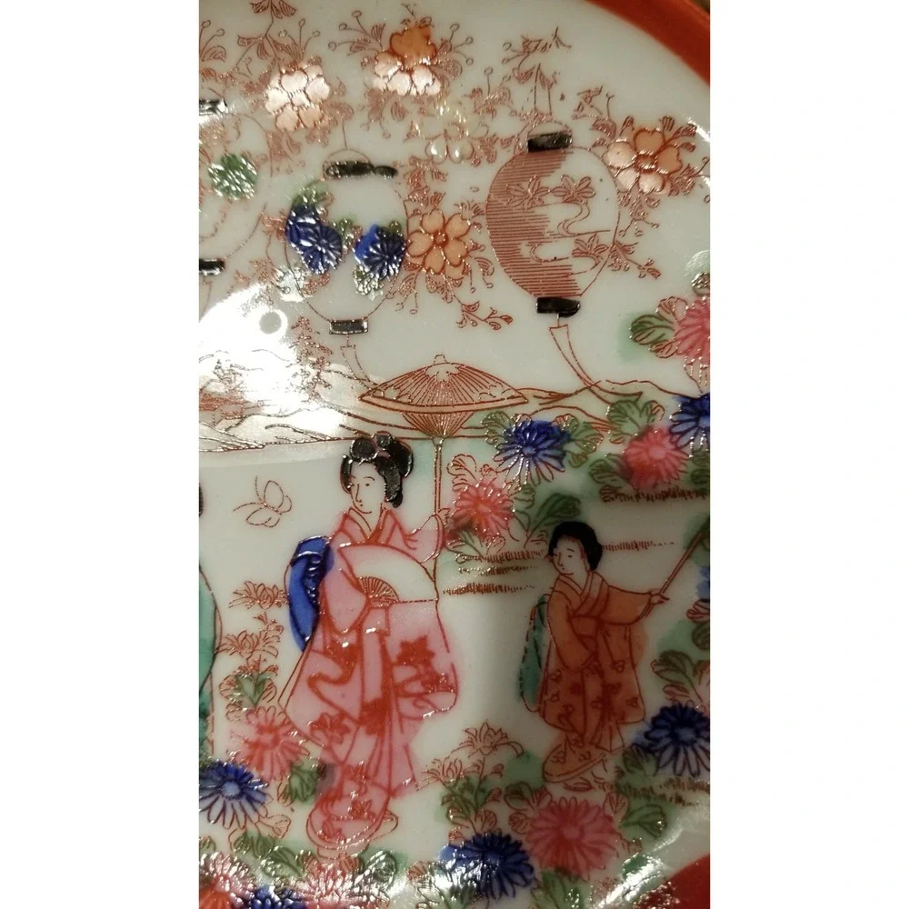 Antique Japanese Kutani Geisha Girl Hand Painted Cup & Saucer Set of 2